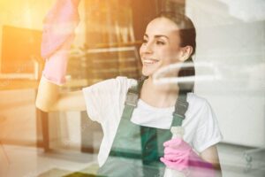 beautiful smiling young woman cleaning and wiping window with spray bottle and rag