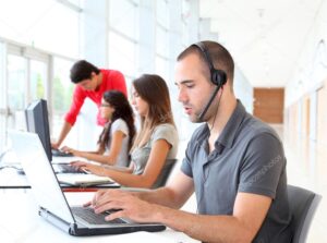 Customer service employee with headphones on