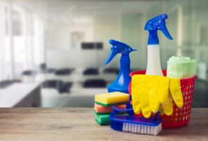 Office cleaning concept with supplies