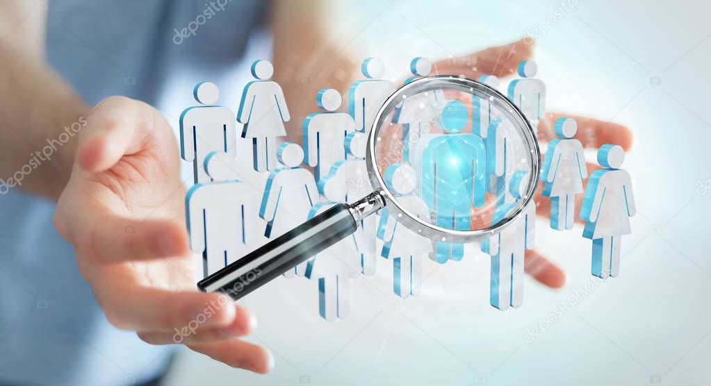 Businessman on blurred using magnifying glass to recruit people 3D rendering