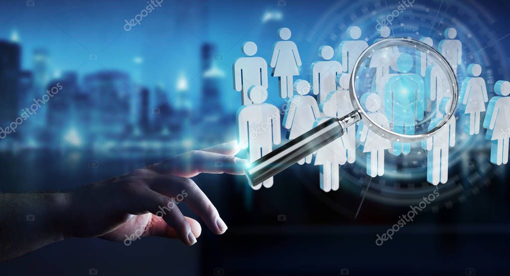 Businessman on blurred using magnifying glass to recruit people 3D rendering