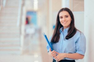 Professional Woman Holding Folder in Office Building