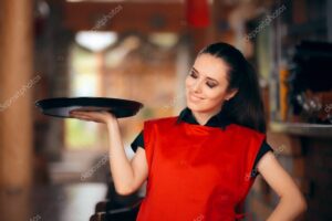 Smiling Waitress Holding Tray in a Restaurant